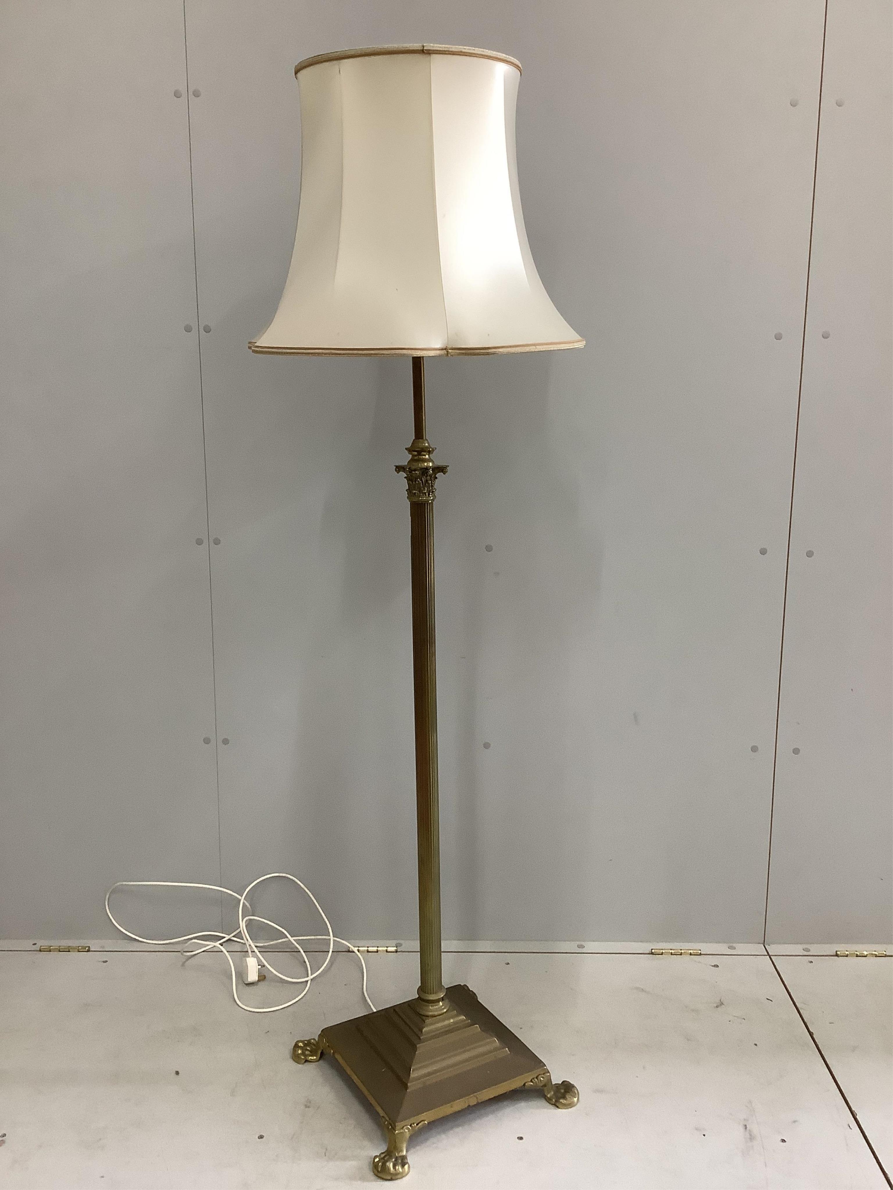 An Edwardian brass Corinthian column standard lamp, height including shade 172cm